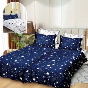 Lenjerie de Pat, 7 Piese, Bumbac Satinat Superior, cu 2 Pilote, Bleumarin, Alb, Stelute