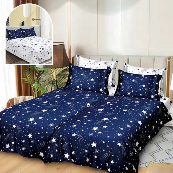 Lenjerie de Pat, 7 Piese, Bumbac Satinat Superior, cu 2 Pilote, Bleumarin, Alb, Stelute [1]