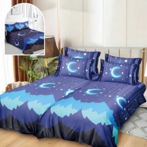 Lenjerie de Pat, 7 Piese, Bumbac Satinat Superior, cu 2 Pilote, Albastru, Munți, Luna si Stele
