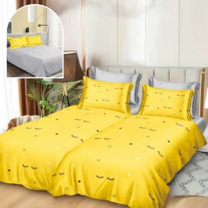 Lenjerie de Pat, 7 Piese, Bumbac Satinat Superior, cu 2 Pilote, Galben, Gene