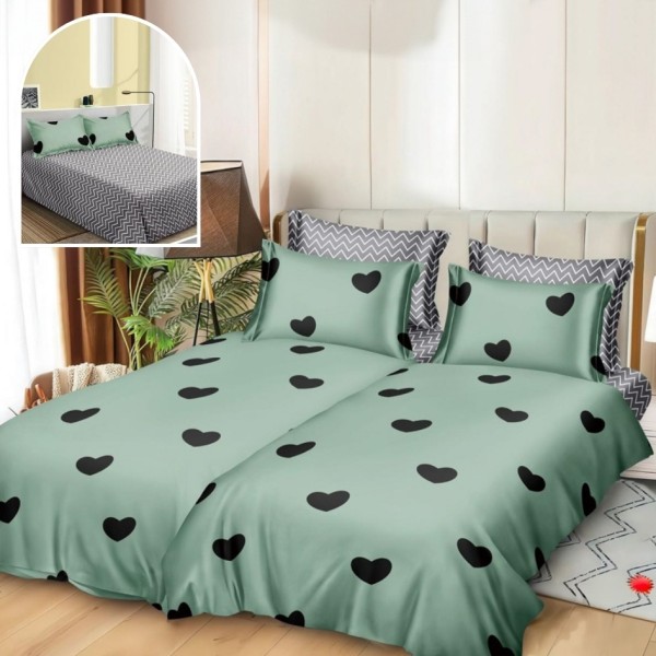 Lenjerie de Pat, 7 Piese, Bumbac Satinat Superior, cu 2 Pilote, Verde, Inimioare [1]