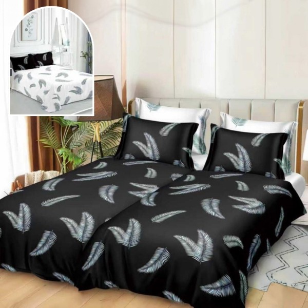 Lenjerie de Pat, 7 Piese, Bumbac Satinat Superior, cu 2 Pilote, Negru, Frunze [1]
