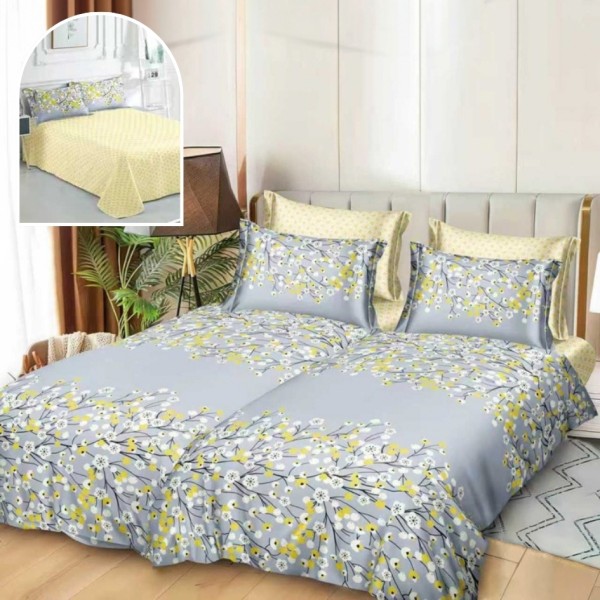 Lenjerie de Pat, 7 Piese, Bumbac Satinat Superior, cu 2 Pilote, Gri, Galben, Floricele [1]