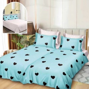 Lenjerie de Pat, 7 Piese, Bumbac Satinat Superior, cu 2 Pilote, Bleu, Inimioare