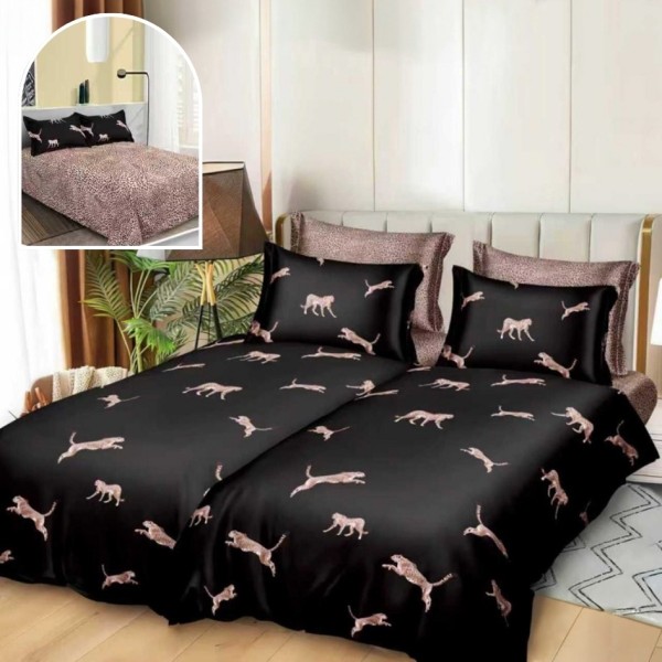 Lenjerie de Pat, 7 Piese, Bumbac Satinat Superior, cu 2 Pilote, Negru, Leoparzi [1]