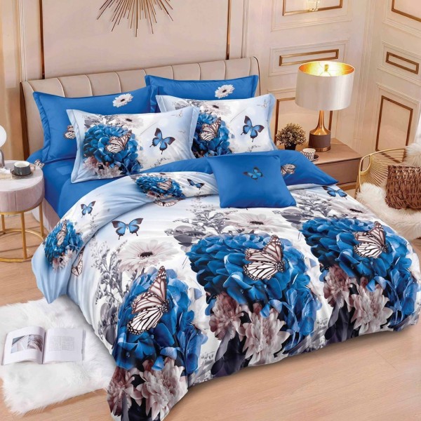 Lenjerie pat dublu (160x200cm, 180x200cm),  FINET, 6 piese, cu ELASTIC, Albastru, Alb, fluturi, flori [1]