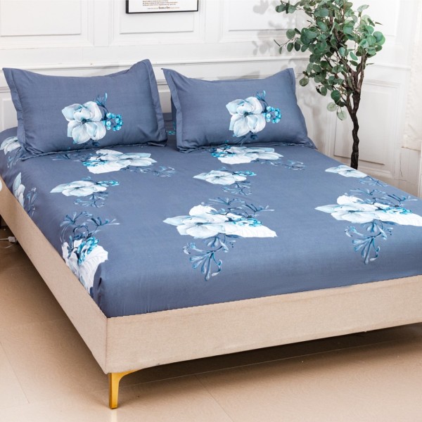 Cearsaf cu Elastic 180x200 cm + 2 Fete de Perna 50x70 cm, Albastru, Flori [1]