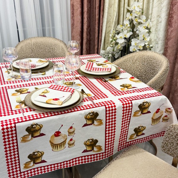 Set Față de Masă din Bumbac Imprimat cu 6 Șervețele – Eleganță și Calitate pentru Mese Perfecte, Alb, Briose [1]