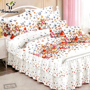 Lenjerie Premium Pat Dublu  FINET, 6 Piese – Volanase Sofisticate, Fixare Perfecta cu Elastic, Alb, Multicolor, Fluturi