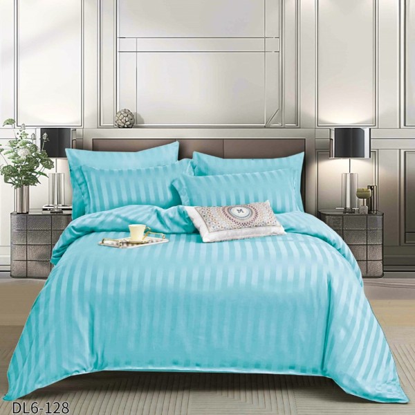 Lenjerie HoReCa, pat dublu, tip Damasc Finetat Deluxe cu Elastic, 6 piese, Bleu intens [1]