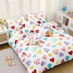 Lenjerie pat dublu, bumbac satinat, cearsaf clasic, 4 piese,  Alb, inimioare