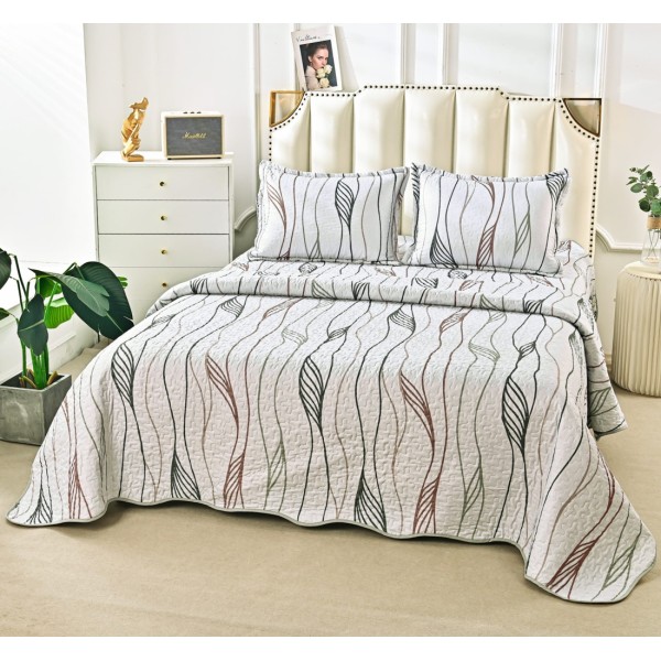 Cuvertura Matlasata din Bumbac Satinat, cu Bordura în Valuri (220x230 cm) + 2 Fete de Perna (60x80 cm), Gri, Model Clasic [1]