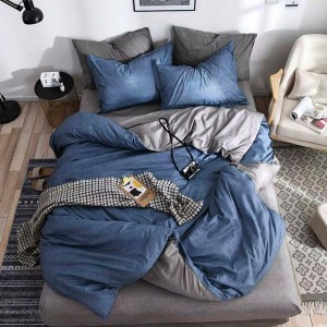 Lenjerie pat dublu cu Elastic, bumbac satinat, Gri, Albastru Lenjerie pat dublu cu Elastic, bumbac satinat, Gri, Albastru