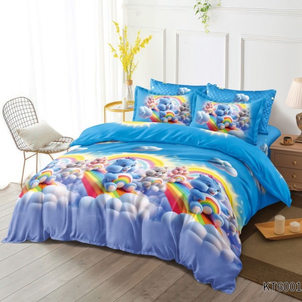 Lenjerie pat dublu, FINET, Kartoon Digital Print, cu Elastic, 6 piese, Albastru, Multicolor, Curcubee, Nori si Ursuleti [1]