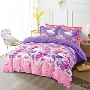 Lenjerie pat dublu, FINET, Kartoon Digital Print, cu Elastic, 6 piese, Roz, Mov, Unicorni, Inimioare