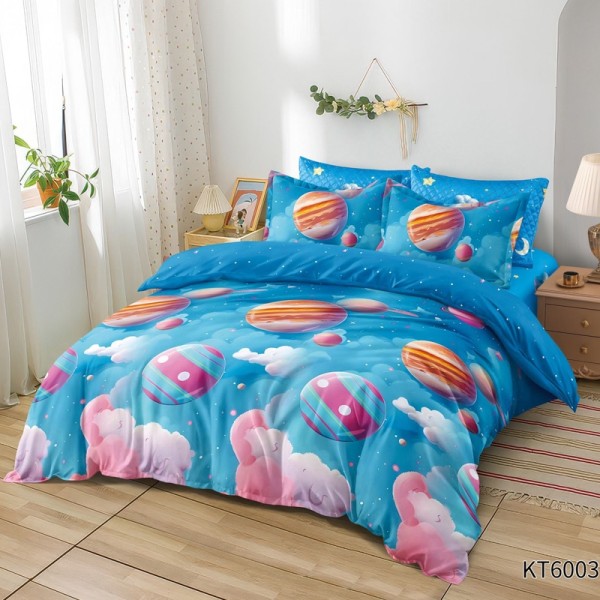 Lenjerie pat dublu, FINET, Kartoon Digital Print, cu Elastic, 6 piese, Albastru, Roz, Planete [1]