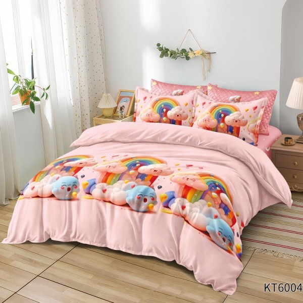 Lenjerie pat dublu, FINET, Kartoon Digital Print, cu Elastic, 6 piese, Roz, Curcubee, Norișori, Emoji, Inimioare [1]