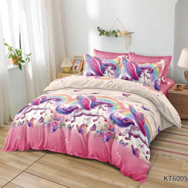 Lenjerie pat dublu, FINET, Kartoon Digital Print, cu Elastic, 6 piese, Crem, Roz, Unicorni, Fluturi [1]