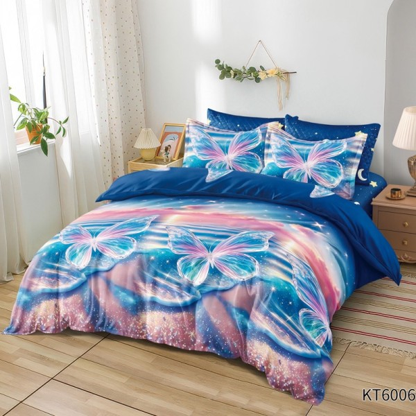 Lenjerie pat dublu, FINET, Kartoon Digital Print, cu Elastic, 6 piese, Albastru, Roz, Fluturi [1]
