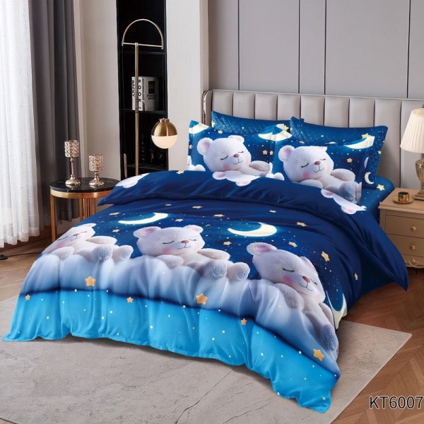 Lenjerie pat dublu, FINET, Kartoon Digital Print, cu Elastic, 6 piese, Albastru, Alb, Norișori, Ursuleți, Stelute [1]