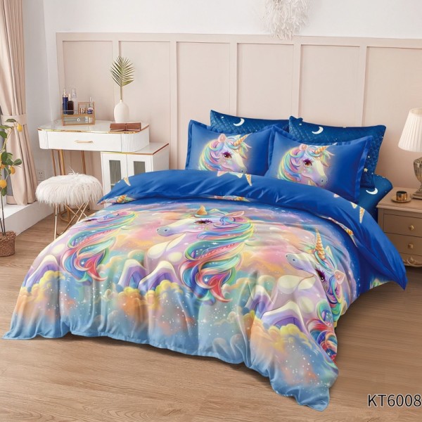 Lenjerie pat dublu, FINET, Kartoon Digital Print, cu Elastic, 6 piese, Albastru, Multicolor, Unicorni [1]