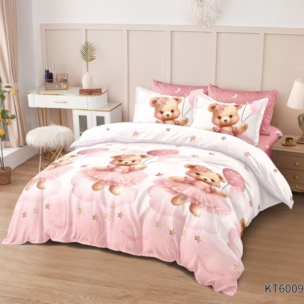 Lenjerie pat dublu, FINET, Kartoon Digital Print, cu Elastic, 6 piese, Crem, Roz, Ursuleți, Stelute [1]