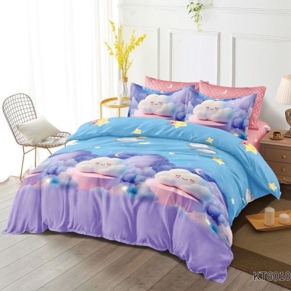 Lenjerie pat dublu, FINET, Kartoon Digital Print, cu Elastic, 6 piese, Bleu, Lila, Norișori, Stelute [1]