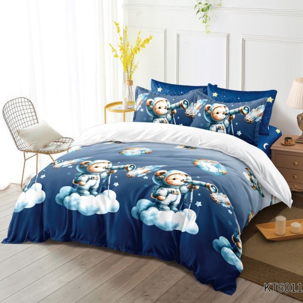 Lenjerie pat dublu, FINET, Kartoon Digital Print, cu Elastic, 6 piese, Bleumarin, Alb, Ursuleți astronauti [1]