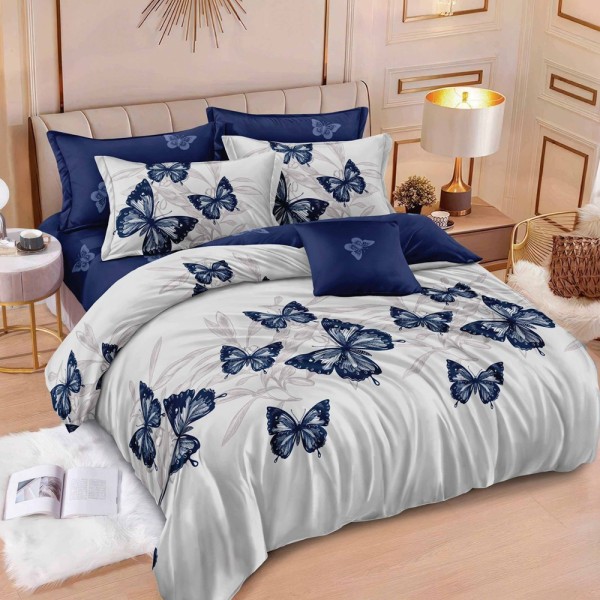 Lenjerie pat dublu (160x200cm, 180x200cm),  FINET, 6 piese, cu ELASTIC, Albastru, Gri, fluturi [1]