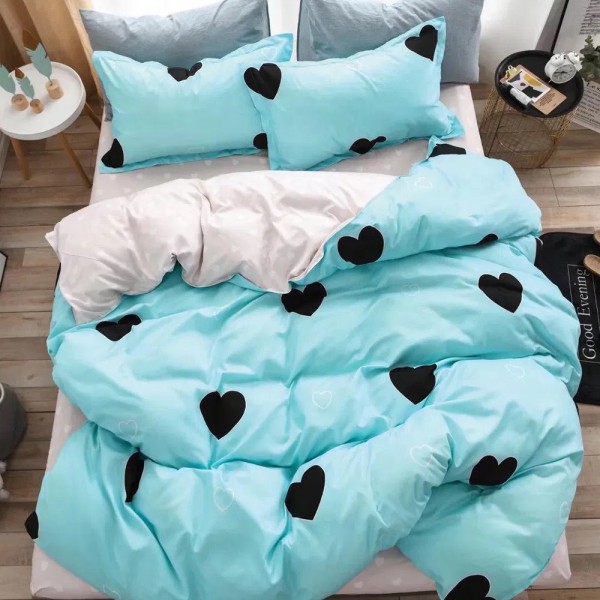 Lenjerie pat dublu, bumbac satinat, cu doua feţe, 4 piese,  Bleu, Crem, inimioare [1]