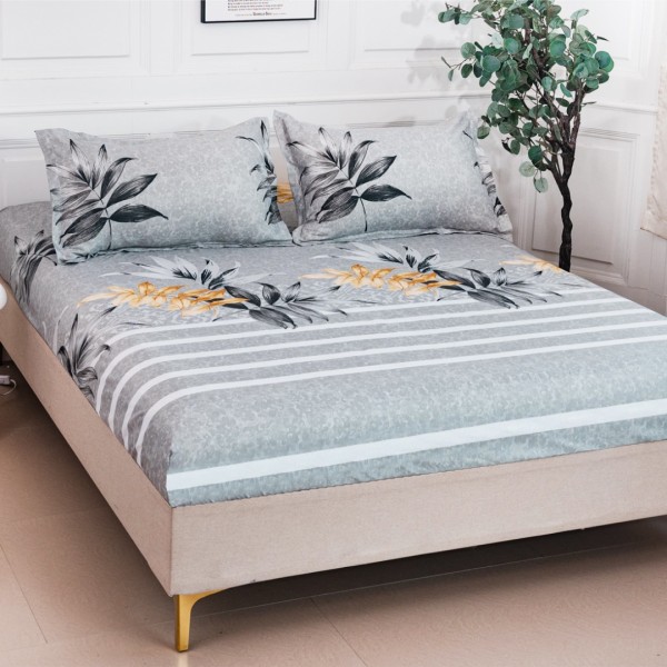 Cearsaf cu Elastic 180x200 cm + 2 Fete de Perna 50x70 cm, Gri, Dungi Albe si Frunze [1]