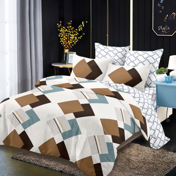 Lenjerie pat dublu,  FINET, cu elastic, 6 piese, Crem, Gri,Alb, Bleu, Forme Geometrice [1]