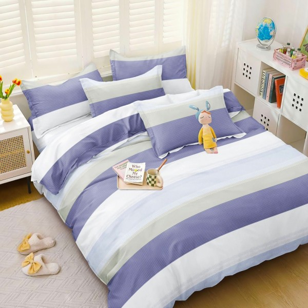 Lenjerie pat dublu (140x200cm, 160x200cm, 180x200cm), bumbac satinat, cearsaf clasic, 4 piese,  Bleu, dungi [1]