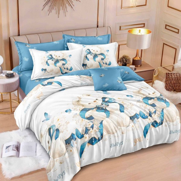 Lenjerie pat dublu (160x200cm, 180x200cm),  FINET, 6 piese, cu ELASTIC, Bleu, ursuleti [1]