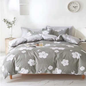 Lenjerie pat dublu cu Elastic, bumbac satinat, Gri, flori