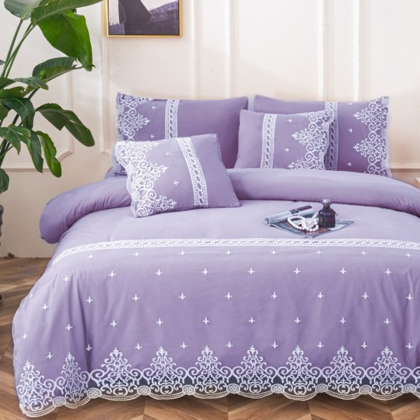 Lenjerie pat dublu,  Fin cu Dantela si Broderie Rafinata, CEARSAF CU ELASTIC, 6 piese, Lila [1]