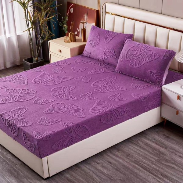 Cearșaf Cocolino 180/200 cm – Elastic 360°,  + 2 Fete Perna, Model Fluturi 3D, Moale și Călduros, Mov [1]