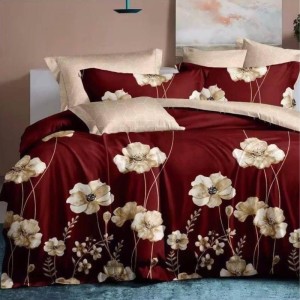 Lenjerie pat dublu, bumbac satinat, cu doua feţe, 4 piese, Visiniu, flori
