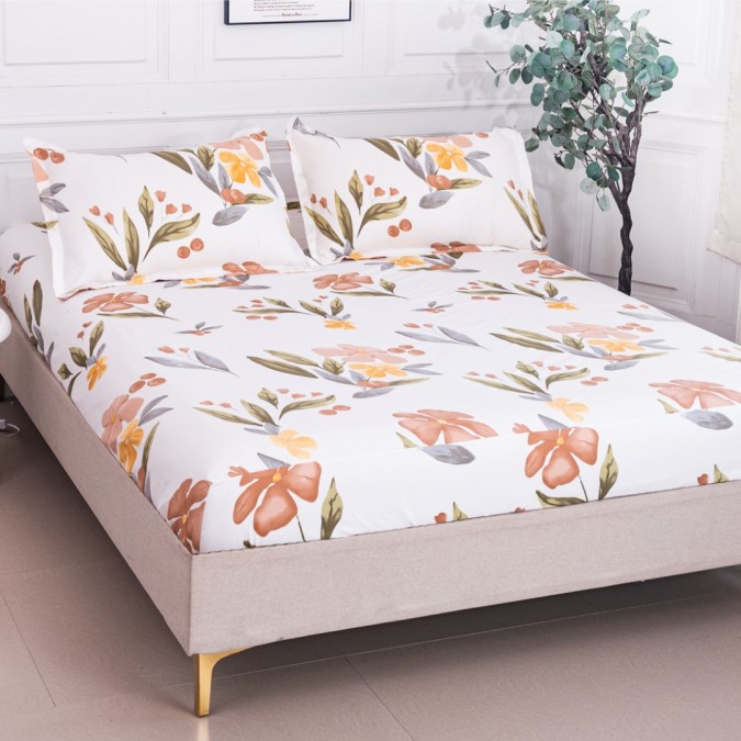 Cearșaf cu Elastic 180x200 cm + 2 Fețe de Pernă 50x70 cm – Bumbac Satinat Premium Ivoire Flori de Toamna