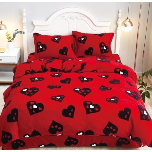 Lenjerie pat dublu, Super Pufoasa COCOLINO,cu ELASTIC, 4 piese, Roșu, Inimioare Negre [1]