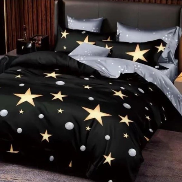 Lenjerie pat dublu, bumbac satinat, cu doua feţe, 4 piese, Negru, stelute [1]