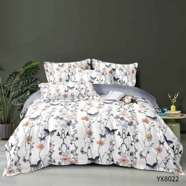 Lenjerie pat 140x200cm,  FINET, cu elastic, 4 piese, Alb, Gri, Flori si Fluturi [1]