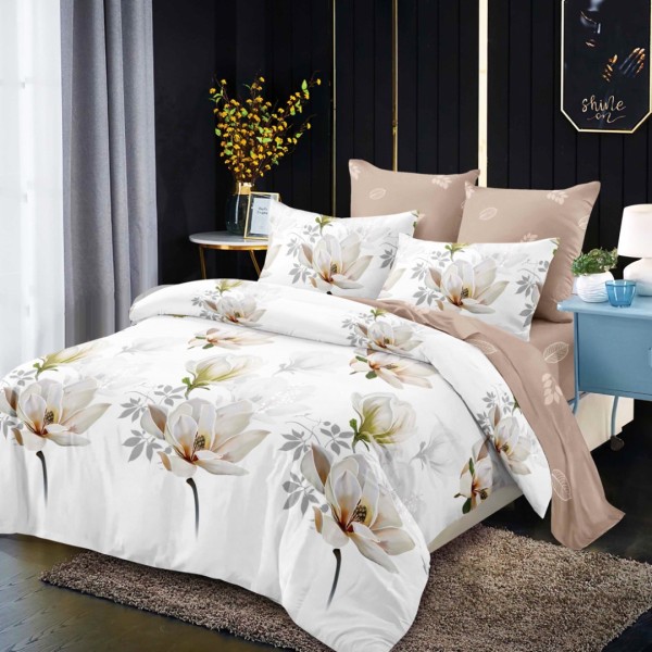 Lenjerie pat dublu,  FINET, cu elastic, 6 piese, Crem, Bej, Flori [1]