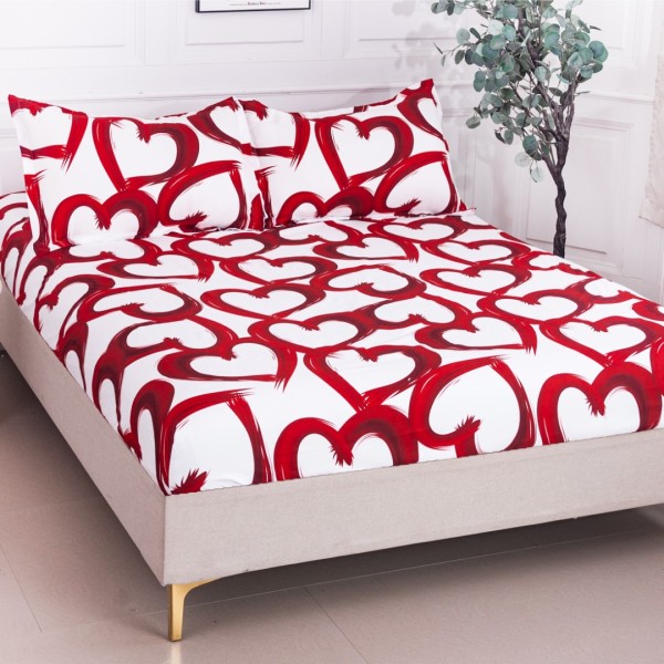 Cearsaf cu Elastic 180x200 cm + 2 Fete de Perna 50x70 cm, Alb, Inimioare Rosii [1]