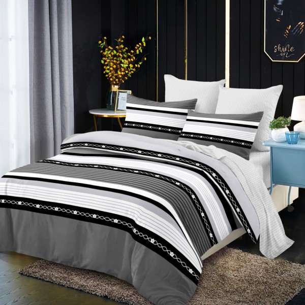 Lenjerie pat dublu,  FINET, cu elastic, 6 piese, Gri, Dungi [1]