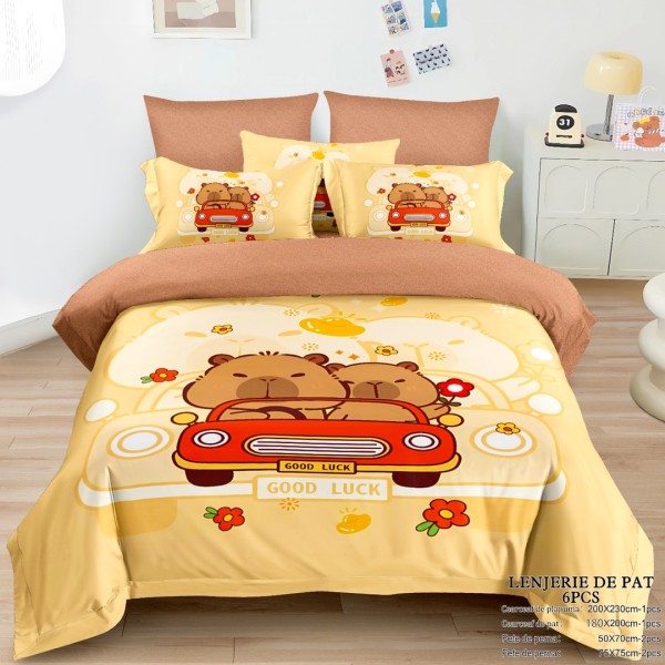 Lenjerie pat dublu (160x200cm, 180x200cm), FINET, cu ELASTIC, 6 piese, IDENTICA CU POZA, Galben Bej, Capibara, Good luck [1]