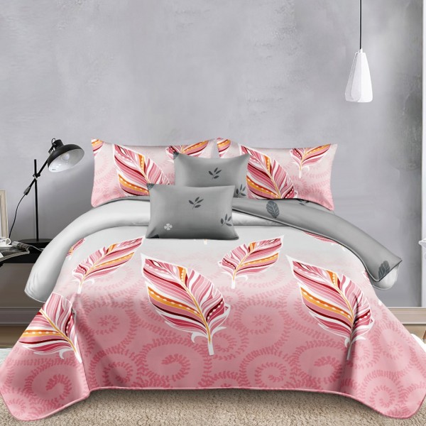 Lenjerie pat dublu (140x200cm, 160x200cm, 180x200cm), bumbac satinat, cearsaf clasic, 4 piese, Gri, Roz, Pene [1]