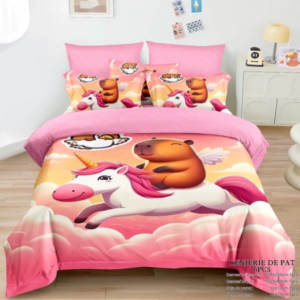 Lenjerie pat dublu (160x200cm, 180x200cm), FINET, cu ELASTIC, 6 piese, IDENTICA CU POZA, Roz, Capibara, Unicorn [1]