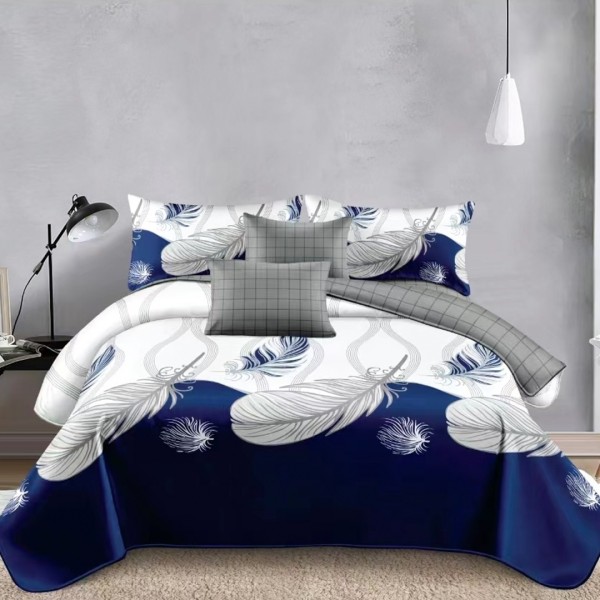 Lenjerie pat dublu (140x200cm, 160x200cm, 180x200cm), bumbac satinat, cearsaf clasic, 4 piese, Alb, Albastru, Pene [1]