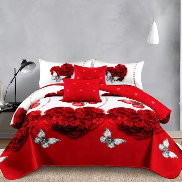 Lenjerie pat dublu (140x200cm, 160x200cm, 180x200cm), bumbac satinat, cearsaf clasic, 4 piese, Alb, Rosu, Inimioare, Fluturi [1]